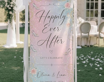 Disney Wedding Fabric Banner, Happily Ever And After Castle Welcome Sign, Personalized Fairy Tale Ceremony Backdrop Gift