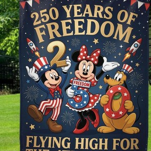 Personalized Mickey Minnie Goofy Garden Flag, 250 Years of Freedom USA Flag, Custom Family Name 1776-2026 Yard Decor, 4th of July Gift