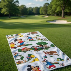 May include: White golf towel featuring a colorful cartoon print of Mickey Mouse and friends. The towel is laid out on a green golf course, with trees and a blue sky in the background. The towel has a playful, vintage aesthetic.