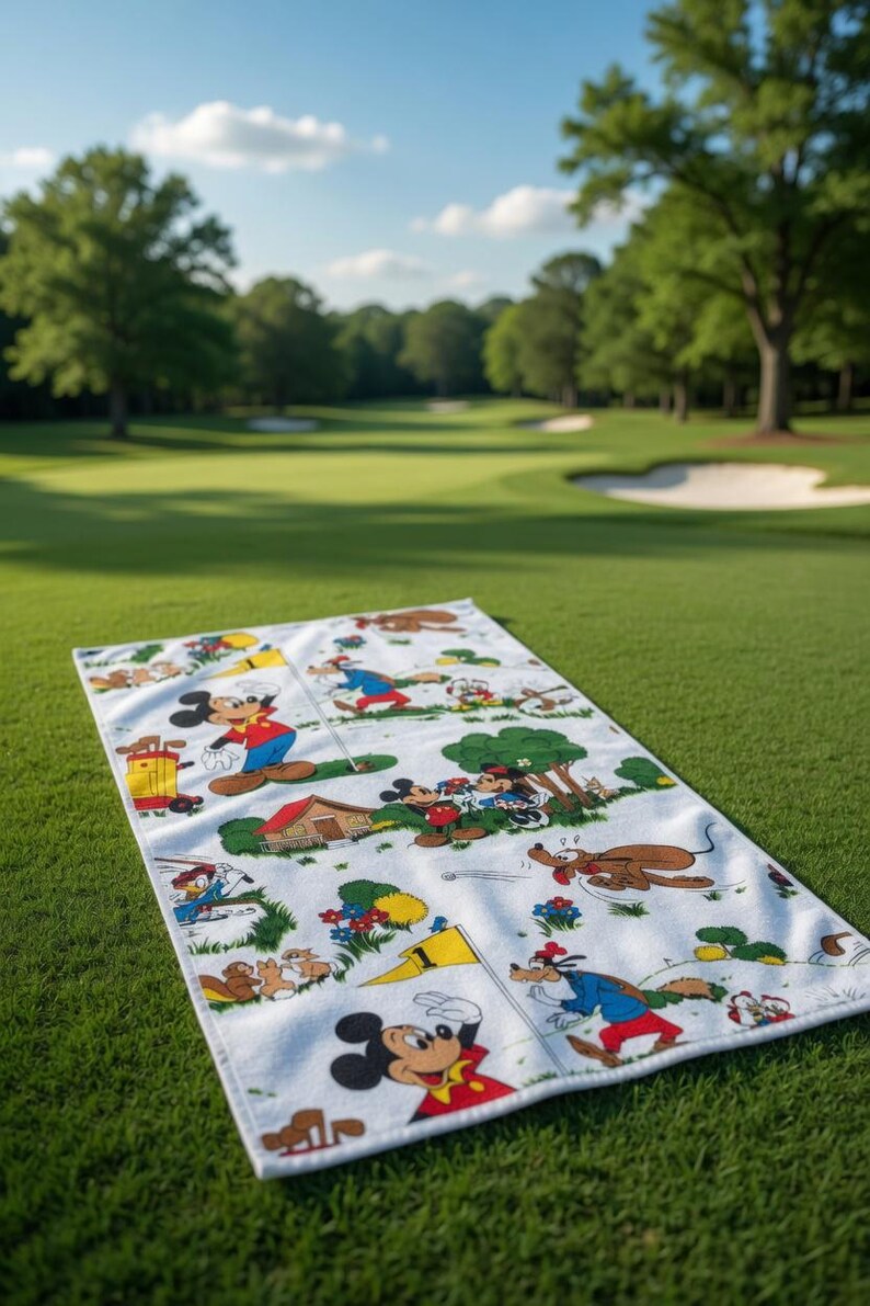 May include: White golf towel featuring a colorful cartoon print of Mickey Mouse and friends. The towel is laid out on a green golf course, with trees and a blue sky in the background. The towel has a playful, vintage aesthetic.