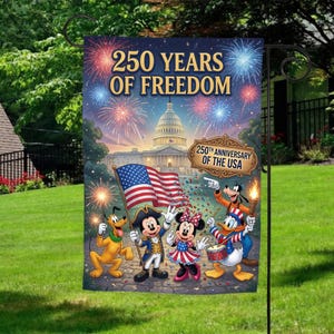 Personalized Mickey Minnie Goofy Garden Flag, 250 Years of Freedom USA Flag, Custom Family Name 1776-2026 Yard Decor, 4th of July Gift