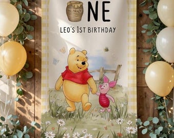 Custom Classic Pooh Bear 1st Birthday Girl Decorations, Turning One Birthday Party Banner, Pink Gingham Storybook Birthday Photo Backdrop