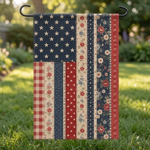 Patchwork American Flag Garden Flag, Patriotic Floral USA Flag, 4th of July Decor, Rustic Independence Day Yard Flag
