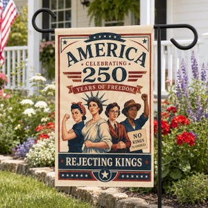 Pode incluir: Uma bandeira de jardim retangular com fundo creme e gráficos e texto em vermelho, branco e azul. Exibe o texto AMERICA CELEBRATING 250 YEARS OF FREEDOM e REJECTING KINGS, com ilustrações de quatro figuras diversas.