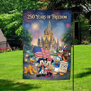 Personalized Mickey Minnie Goofy Garden Flag, 250 Years of Freedom USA Flag, Custom Family Name 1776-2026 Yard Decor, 4th of July Gift