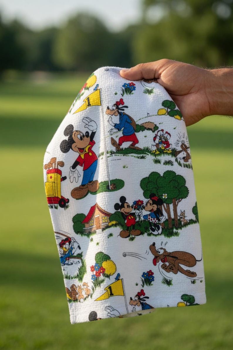 May include: White golf towel featuring a colorful cartoon print of Mickey Mouse, Minnie Mouse, Goofy, Donald Duck, and Pluto playing golf. The towel has a golf course scene with trees, flowers, and golf flags.