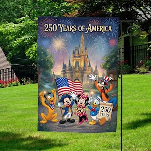 Personalized Mickey Minnie Goofy Garden Flag, 250 Years of Freedom USA Flag, Custom Family Name 1776-2026 Yard Decor, 4th of July Gift