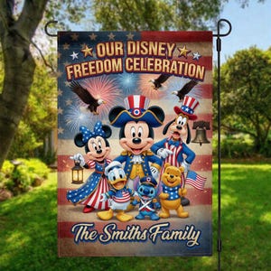 May include: A garden flag with a patriotic theme, showcasing Disney characters in red, white, and blue. The flag displays the text "OUR DISNEY FREEDOM CELEBRATION" and "The Smiths Family". Mickey, Minnie, Donald, Stitch, Goofy, and Winnie the Pooh are featured.