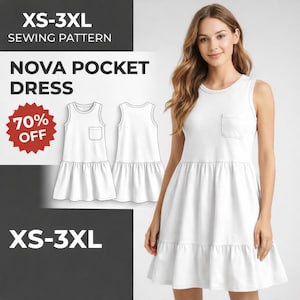May include: A white Nova Pocket Dress, sleeveless with a pocket, and a ruffled hem. The image includes a sewing pattern and the text "XS-3XL" and "70% OFF". A woman models the dress.
