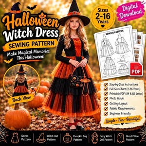 Peut inclure: Un patron de couture numérique pour une robe de sorcière d'Halloween, avec une jupe en tulle à étages noire et orange, un corsage à manches longues et un chapeau pointu. L'image contient du texte, une icône PDF et un schéma de construction.