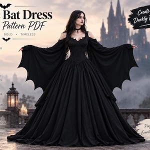 Pode incluir: Um molde de costura em PDF para um vestido preto longo até o chão com mangas de asa de morcego, recortes nos ombros e um corpete justo. O texto diz Gothic Bat Dress Sewing Pattern PDF, Create Your Own Darkly Beautiful Dress, e inclui ícones para impressão em A4 e carta dos EUA, download instantâneo, instruções passo a passo, ilustrações detalhadas, margem de costura incluída e recomendações de tecido.
