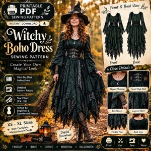 May include: A printable PDF sewing pattern for a dark green dress featuring a corset-style belt with star accents, bell sleeves, and a layered skirt with a pointed hem. The pattern includes step-by-step instructions for sizes XS through XL.