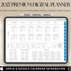 May include: A 2027 premium digital planner displayed on a tablet screen with a stylus. The interface features a yearly overview, monthly and weekly sections, blue navigation tabs, and various trackers. Text includes 2027 PREMIUM DIGITAL PLANNER, HOME INDEX, and Apple & Google calendar integration.