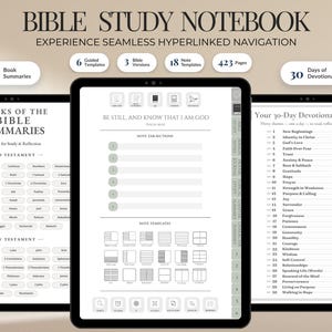 May include: A digital Bible study notebook displayed on three tablet screens. The interface features hyperlinked navigation, 66 book summaries, 6 guided templates, 3 Bible versions, 18 note templates, 423 pages, and a 30-day devotional journey.