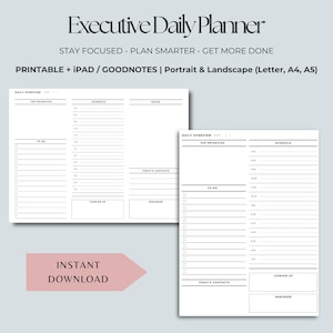 Puede incluir: Un planificador digital con el texto "Executive Daily Planner". El planificador incluye secciones para la descripción general diaria, el horario, las notas, las listas de tareas y los contactos. El diseño es en blanco y negro, con una flecha rosa que dice "Descarga instantánea".