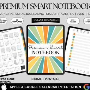 May include: A digital premium smart notebook featuring three tablet screens displaying templates, a cover with a sunburst pattern in orange, teal, and yellow, and a lined page with numbered tabs. Text includes Premium Smart Notebook and Digital + Printable.