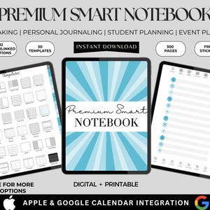 May include: A digital Premium Smart Notebook displayed on three tablet screens. The center screen features a blue and white sunburst background with the text Premium Smart Notebook. The side screens show template layouts and a numbered list interface.