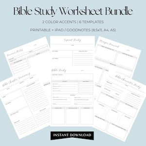 Può includere: Un pacchetto di fogli di lavoro per lo studio biblico con sei modelli stampabili per appunti di sermoni, studio tematico, diari di preghiera e studi sui personaggi. Il testo include 'Bible Study Worksheet Bundle', '2 COLOR ACCENTS' e '6 TEMPLATES'.