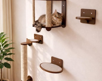 Cat Wall Shelves and Steps, Sisal Scratching Post, Modern Wall Mounted Cat Furniture Set
