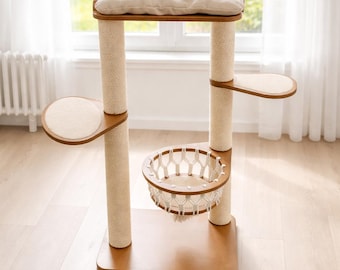 Árbol rascador de madera para gatos, trepador artesanal para gatos, poste rascador de sisal natural.