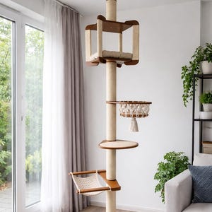 Modernt klösträd, katthyllor, spänningsmonterat klösträd med sisal, hängmatta, korg, katthus, moderna kattmöbler, klösträd för katter, kattklättrare