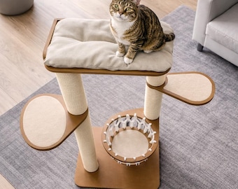 Handmade Wood Cat Tower with Macrame Basket and Sisal Scratching Posts