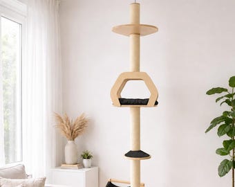 Floor to Ceiling Cat Tree, Adjustable Wooden Cat Tower with Sisal Scratching Posts, Hammock and Cat House for Large Cats