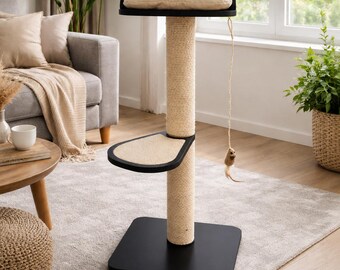 Black Cat Tree, Modern Cat Tower with Scratching Posts, Cat Bed and Platform, Wooden Indoor Cat Furniture, Floor Standing Cat Climbe