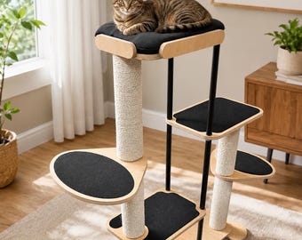 Torre rascador moderna para gatos, soporte de madera para trepar, poste rascador de suelo, mueble para gatos de varios niveles, sisal natural, cojines negros.