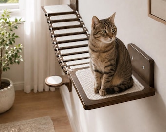 May include: A brown tabby cat sits on a wall-mounted cat shelf with a sisal mat. The cat furniture includes a staircase and a round platform. The wooden shelves are attached to a white wall. A houseplant is visible in the background.