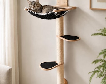 Wall Mounted Cat Tree with Macrame Hammock, Sisal Scratching Post and Cat Shelves