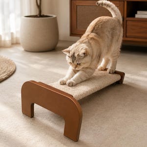 May include: A tan and white cat stretches on a wooden cat scratcher. The scratcher has a woven sisal surface and a brown wooden frame. The cat is in a room with a potted plant and a wooden cabinet.