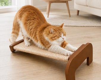 Handmade Wooden Cat Scratcher Bed, Elevated Woven Sisal Lounger, Sisal Scratching Board