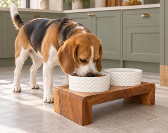 Raised Dog Bowl, Wooden Dog Bowl Stand, Walnut Pet Feeding Station with Name Engraving, Personalized, Custom Size
