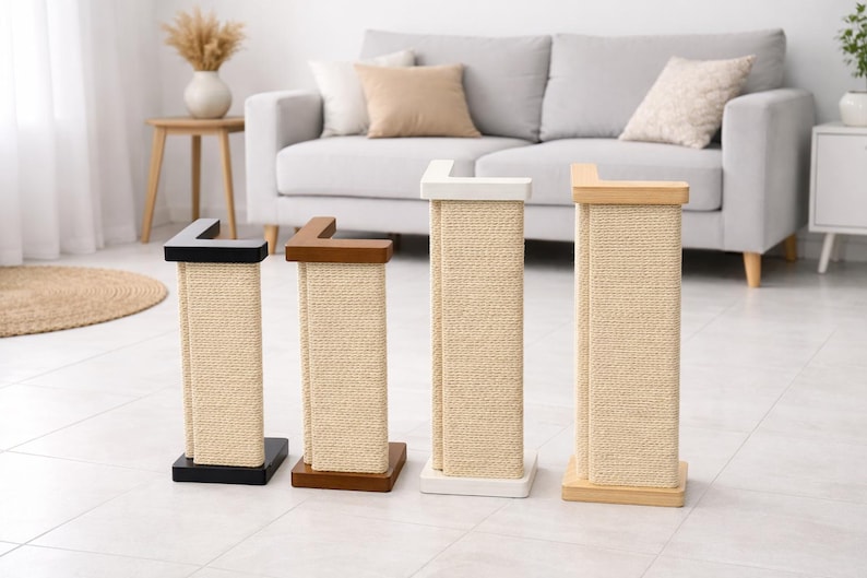 Puede incluir: Cuatro rascadores para gatos con textura de cuerda de sisal natural. Los postes tienen bases cuadradas y tapas en forma de L en negro, marr&oacute;n, blanco y madera clara. Los postes est&aacute;n dise&ntilde;ados para que los gatos se rasquen.