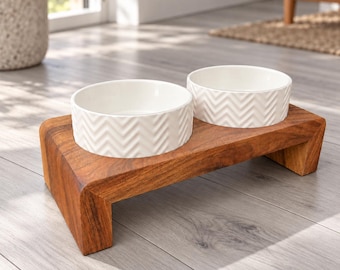 Elevated Dog Bowl Stand with Name Engraving, Solid Walnut Wood, Raised Dog Feeder with Two Ceramic Bowls.