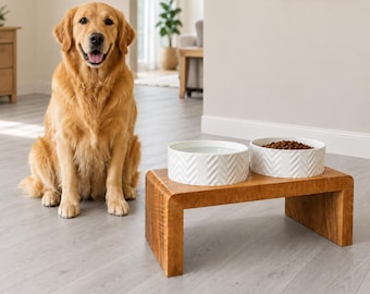 Personalized Dog Bowl Stand, Raised Dog Bowl, Wooden Dog Feeding Station, Ceramic Dog Bowl, Pet Memorial Gift