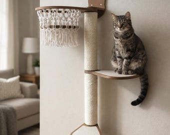 Wall Mounted Cat Tree with Macrame Basket, Sisal Scratching Post, Modern Cat Climber, Space Saving Cat Furniture,Cat Shelves,Cat Scratcher