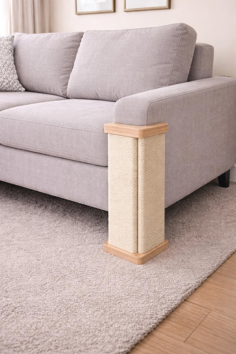 Puede incluir: Un rascador para gatos con una superficie para rascar de sisal beige claro y molduras de madera. El poste es rectangular y est&aacute; colocado junto a un sof&aacute; gris sobre una alfombra gris. El sisal est&aacute; envuelto alrededor de un marco de madera.