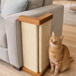 Puede incluir: Un rascador para gatos hecho de sisal tejido y madera, colocado junto a un sof&aacute; gris. El poste tiene un marco de madera marr&oacute;n claro y una superficie para rascar de sisal natural. Un gato atigrado naranja est&aacute; cerca.