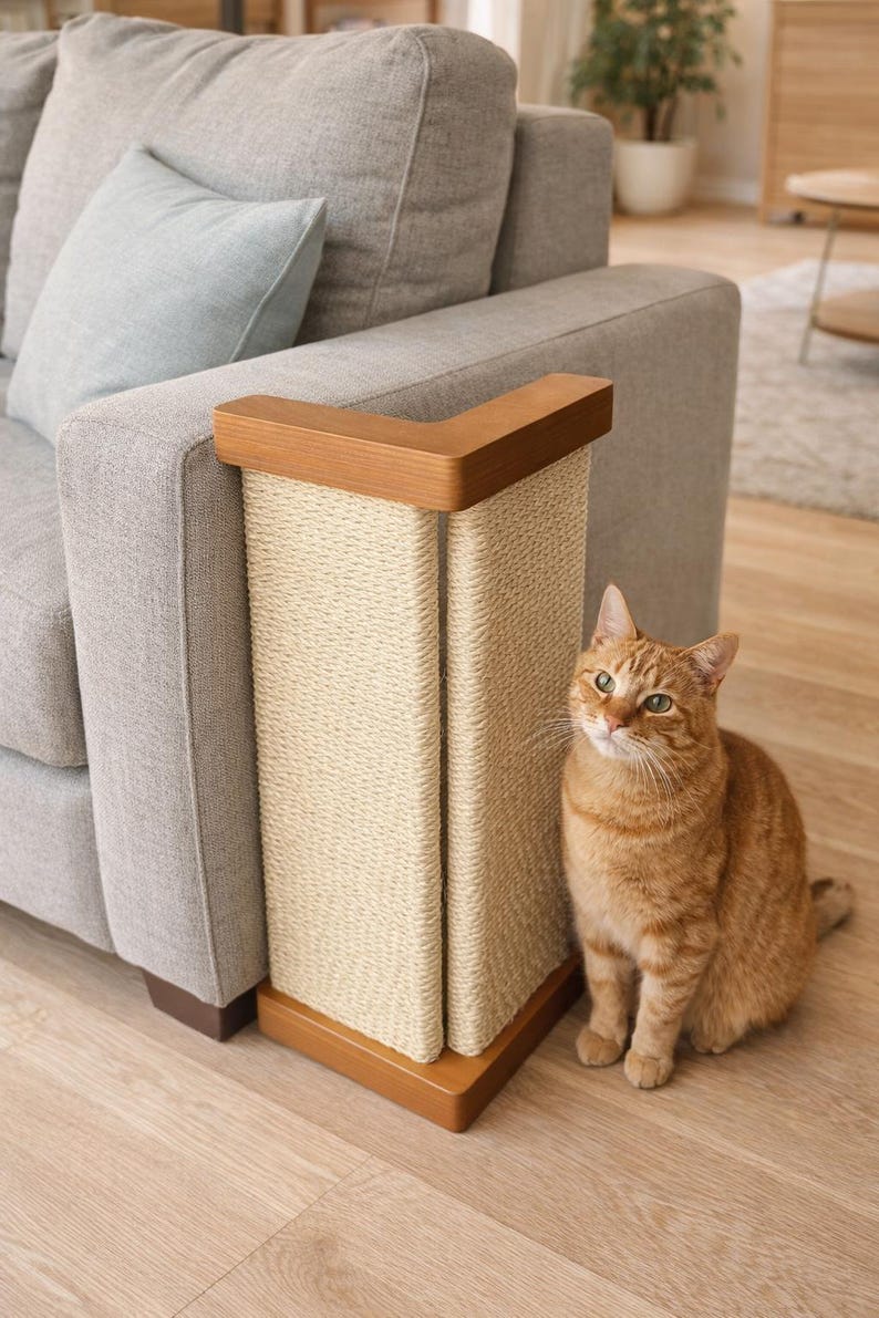 Puede incluir: Un rascador para gatos hecho de sisal tejido y madera, colocado junto a un sof&aacute; gris. El poste tiene un marco de madera marr&oacute;n claro y una superficie para rascar de sisal natural. Un gato atigrado naranja est&aacute; cerca.