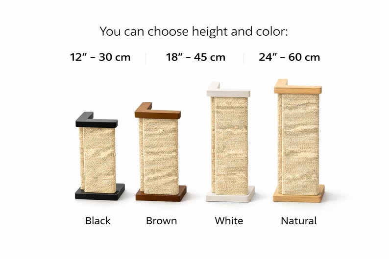 Puede incluir: Cuatro rascadores para gatos en negro, marr&oacute;n, blanco y madera natural. Los postes tienen una superficie para rascar de sisal. La imagen incluye texto que indica opciones de altura de 30 cm, 45 cm y 60 cm.