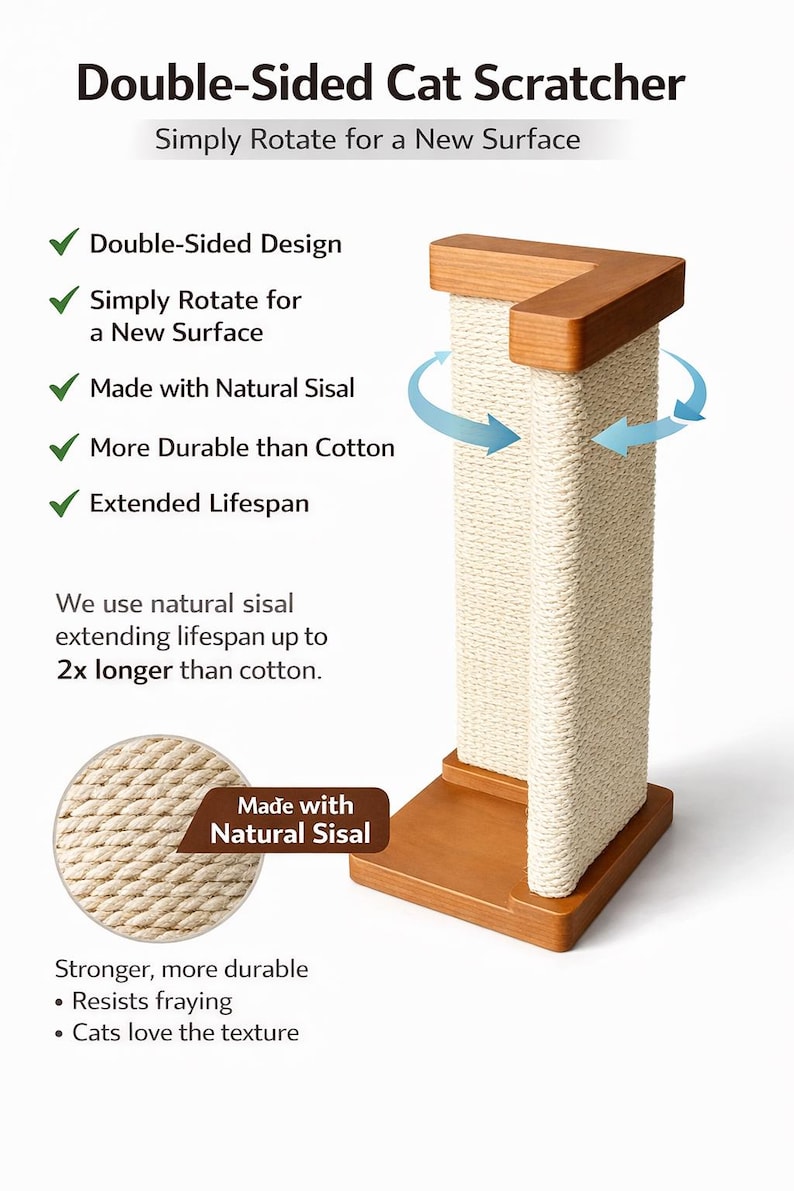Puede incluir: Rascador para gatos de doble cara con base y parte superior de madera. La superficie para rascar es de sisal natural, m&aacute;s duradero que el algod&oacute;n. El texto dice "Double-Sided Cat Scratcher" y "Simply Rotate for a New Surface".