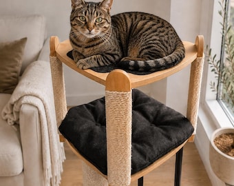 Modern Wooden Cat Tree with House, Freestanding Cat Tower with Scratching Posts, Large Cat Condo, Indoor Cat Furniture
