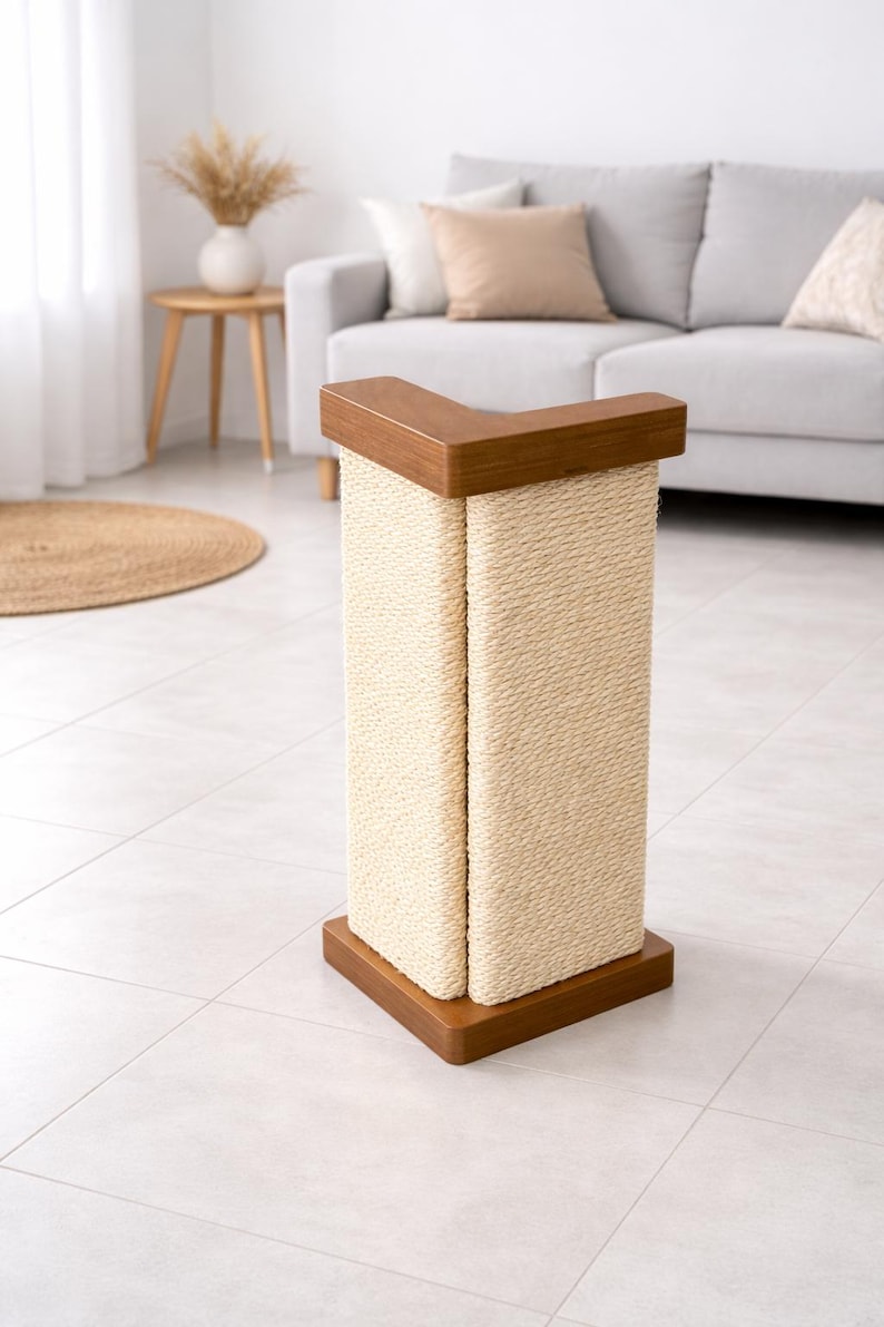 Puede incluir: Un rascador para gatos con marco de madera y superficie rascadora de cuerda natural. El poste tiene una base y una parte superior cuadradas, ambas de madera oscura. La superficie para rascar es de color beige claro.