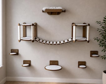 Wooden Cat Wall Furniture Set with Rope Bridge, Beds, Steps and Sisal Scratchers