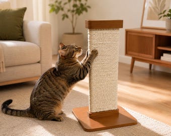 Handmade Cat Scratching Post, Natural Sisal Cat Scratcher, Wooden Cat Scratch Board, Sturdy Modern Cat Furniture for Indoor Cats