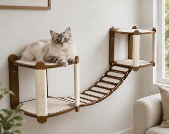 Wall Mounted Cat Bridge with Shelves, Wooden Cat Wall Furniture, Cat Climbing System, Cat Perch and Scratching Posts