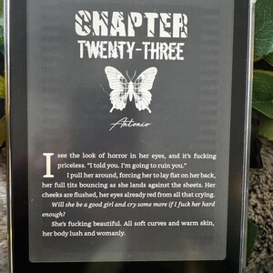 K&ouml;nnte beinhalten: Ein Kindle E-Reader, der eine Buchseite mit dem Titel "Chapter Twenty-Three" und einer Schmetterlingsgrafik anzeigt. Der Text enth&auml;lt den Namen des Autors, "Antonio", und einen Textauszug. Das Ger&auml;t befindet sich in einer transparenten Schutzh&uuml;lle.