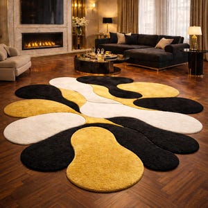 Handmade Abstract Area Rug | Black, Gold & White Tufted Carpet